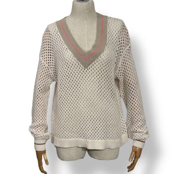 Lisa Todd Women's Size S Open Knit V-Neck Varsity Sweater Cream Beige Pullover - Picture 2 of 8
